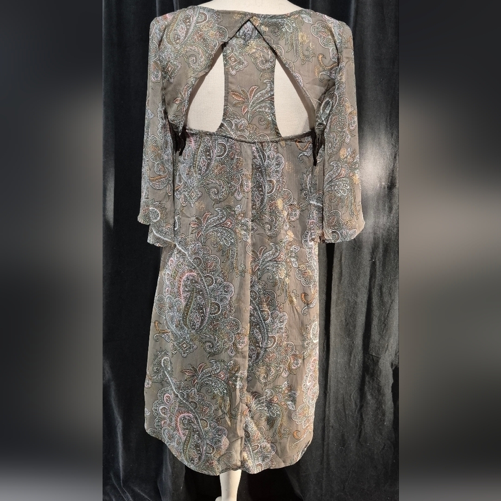 Boho Chiffon Women Sz M Metallic Gold Taupe Paisley - Picture 3 of 5